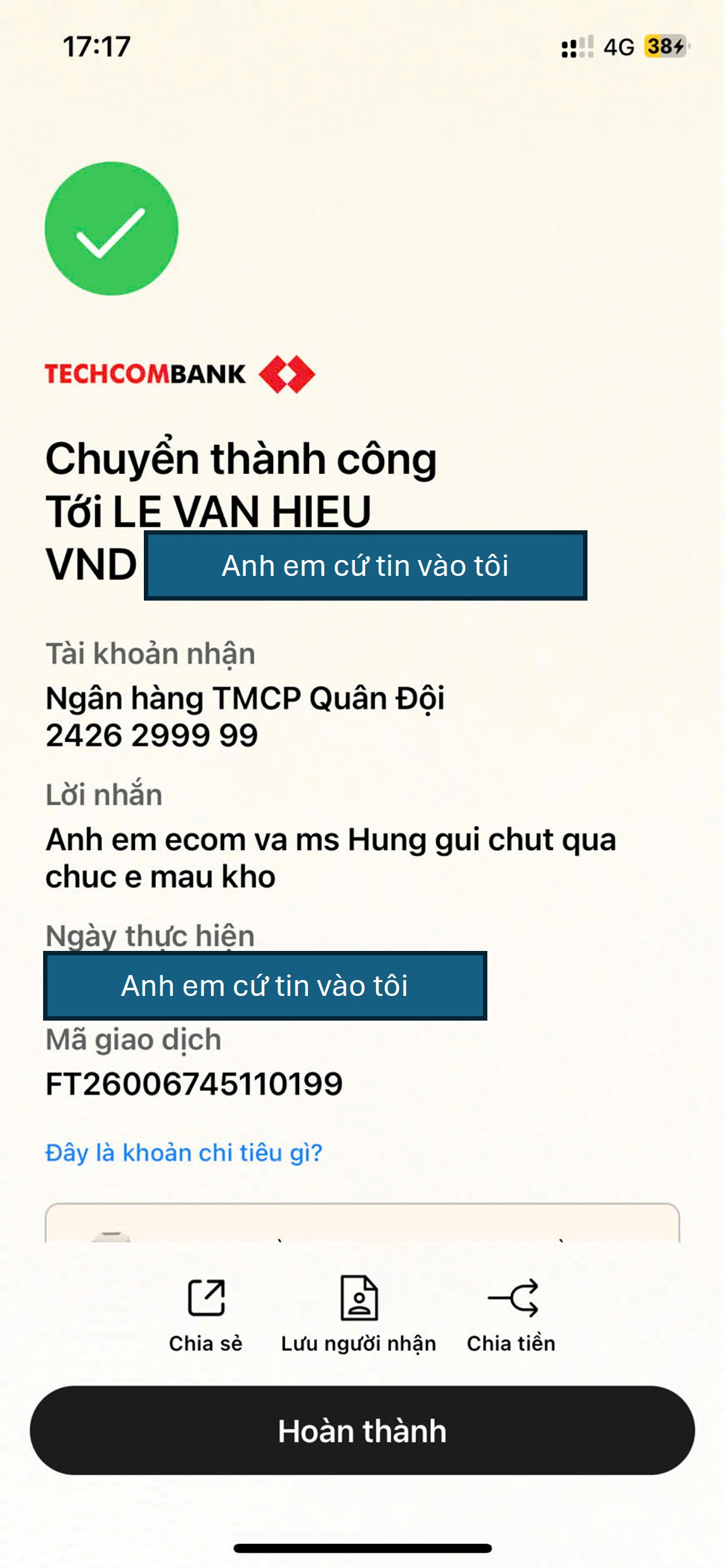 Chuyển khoản thành công